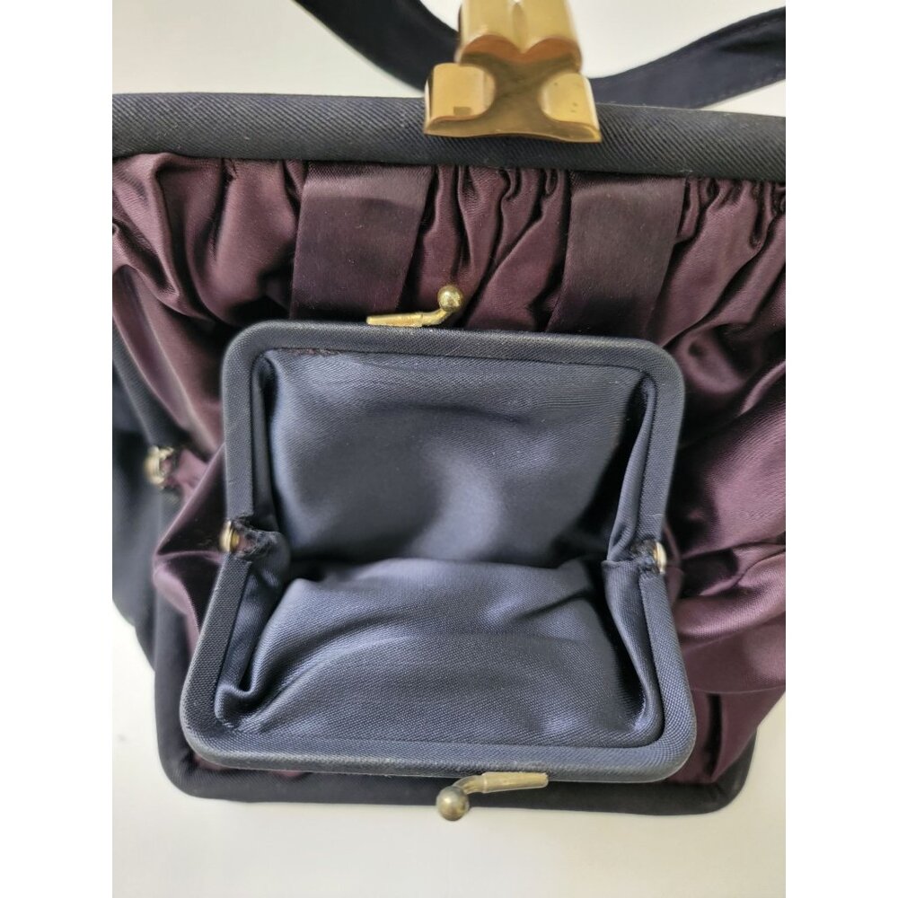 JR USA Vtg Navy Blue Evening Purse Handbag w/ Brass Clasp & Purple Satin Lining - Picture 7 of 9